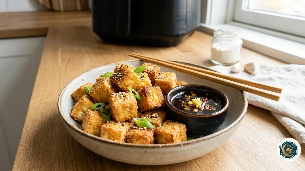 Dados de tofu dorados y crujientes servidos con salsa de jengibre y semillas de sésamo