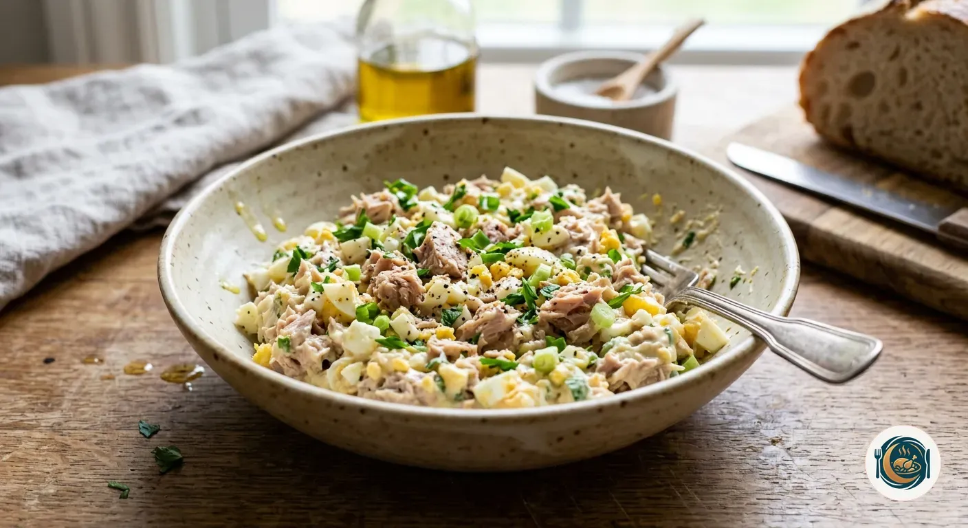 Relleno de atún con huevo duro y mayonesa mezclado en un cuenco