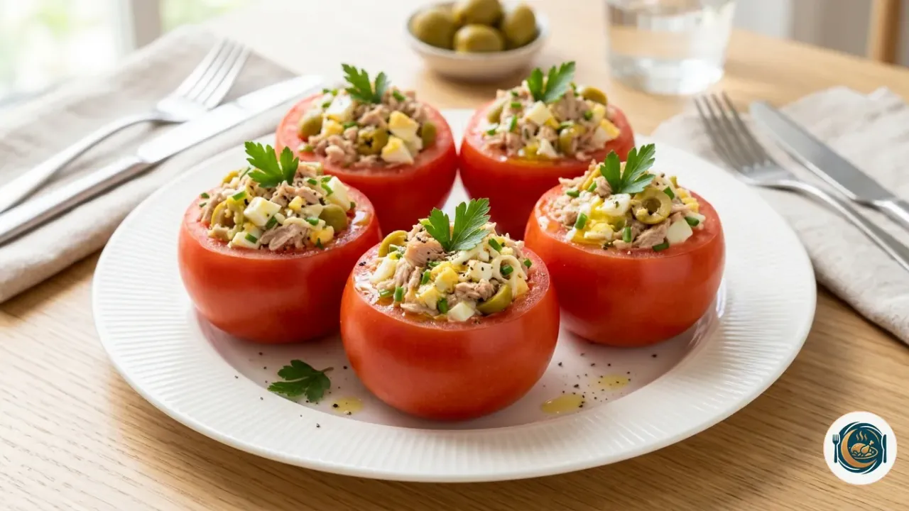 Tomates rellenos de atún con huevo duro y aceitunas sobre un plato blanco