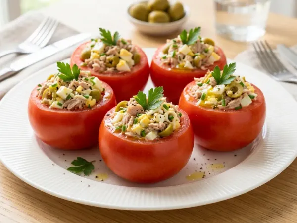 Tomates rellenos de atún con huevo duro y aceitunas sobre un plato blanco
