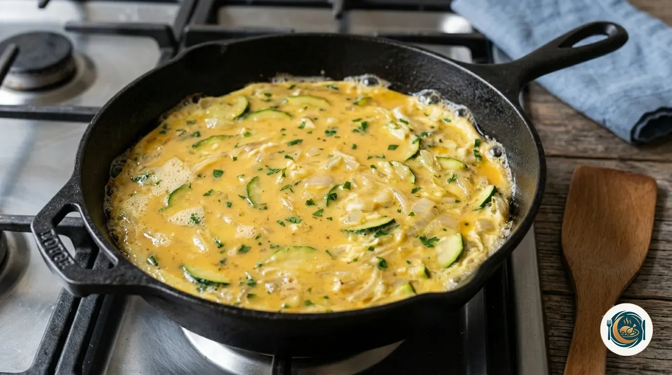 Tortilla de calabacín cuajándose en una sartén con la verdura pochada
