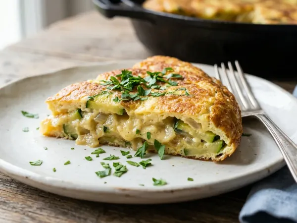 Tortilla de calabacín jugosa cortada en un plato con la cara dorada