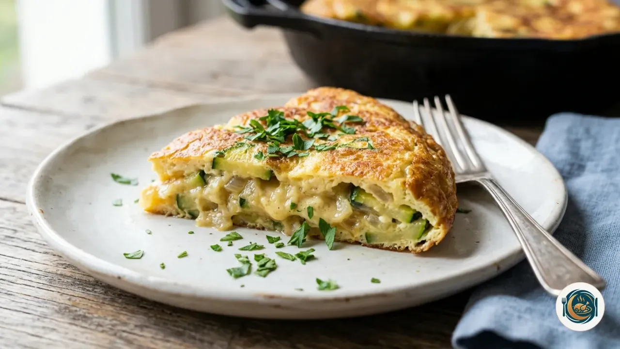 Tortilla de calabacín jugosa cortada en un plato con la cara dorada