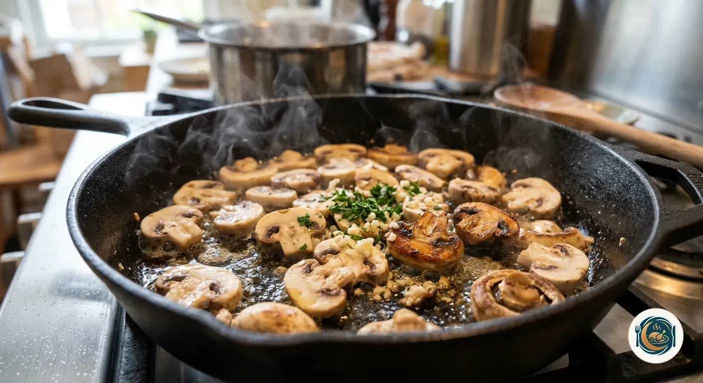 Champiñones laminados dorándose en la sartén