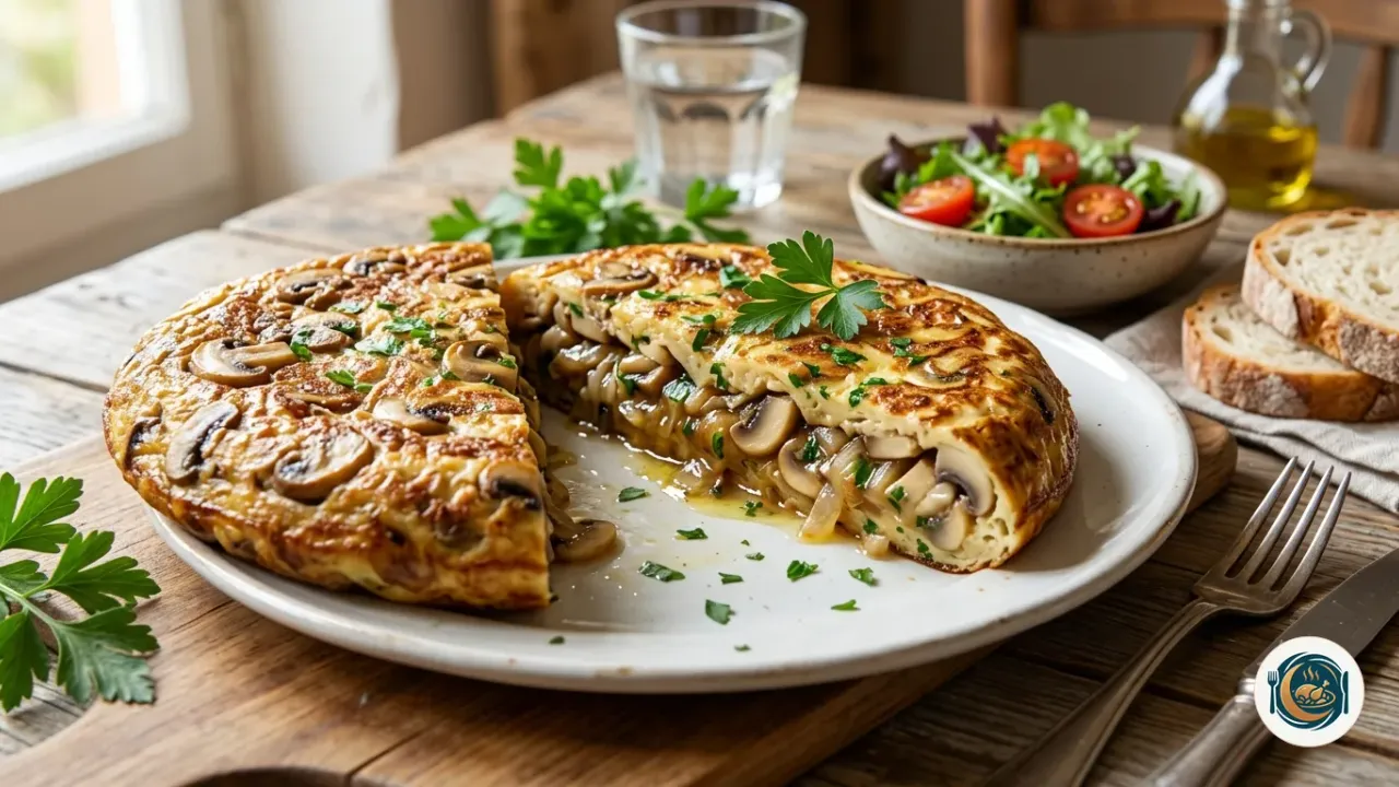 Tortilla de champiñones cortada por la mitad sobre un plato blanco
