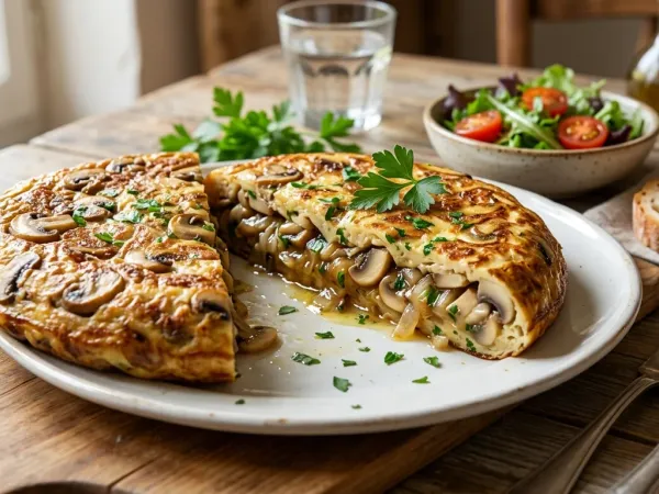 Tortilla de champiñones cortada por la mitad sobre un plato blanco