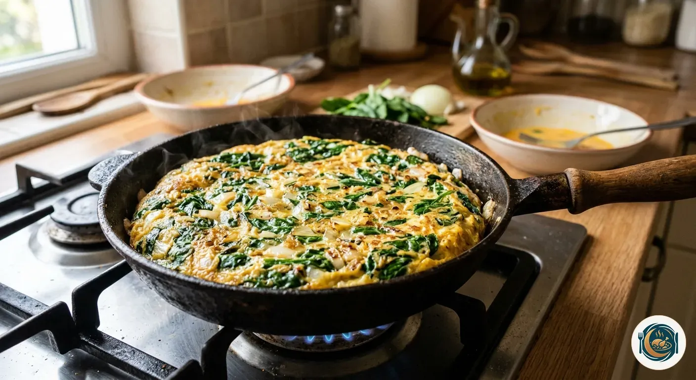 Tortilla de espinacas dorada cuajándose en una sartén con cebolla y huevo