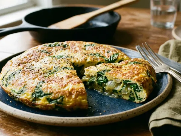 Tortilla de espinacas jugosa cortada en un plato con la cara dorada