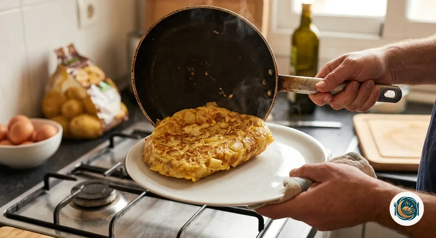Tortilla de patatas en el momento del volteo sobre la sartén