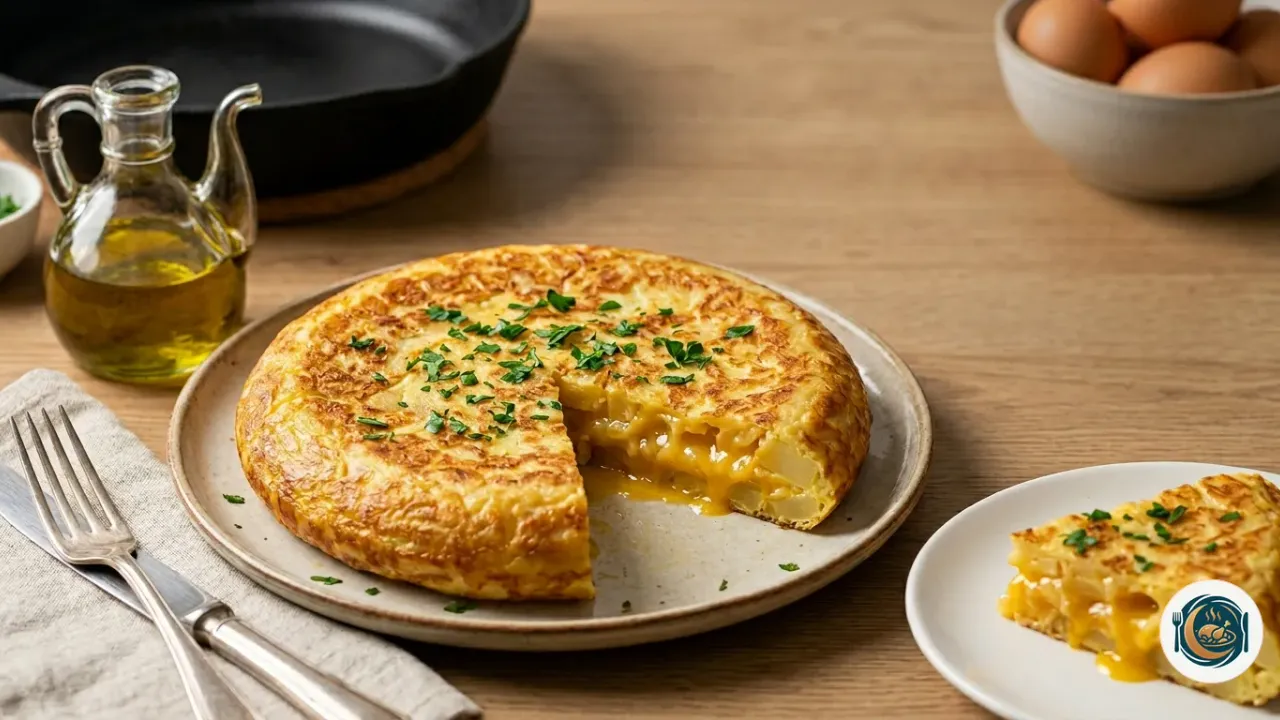 Tortilla de patatas dorada y jugosa cortada en un plato blanco