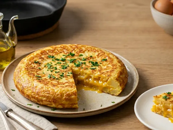 Tortilla de patatas dorada y jugosa cortada en un plato blanco