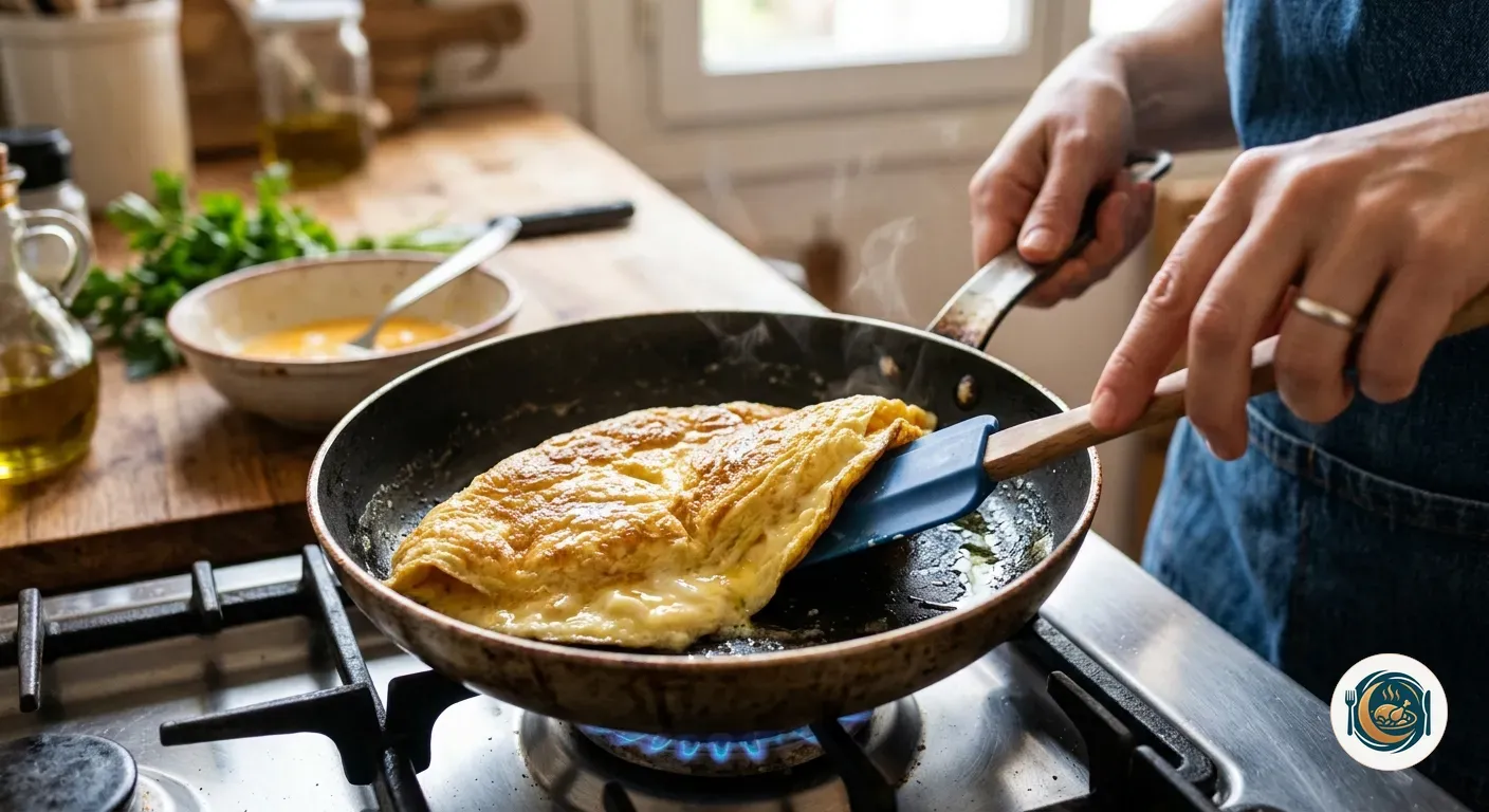 Tortilla francesa doblándose en la sartén con una espátula de silicona