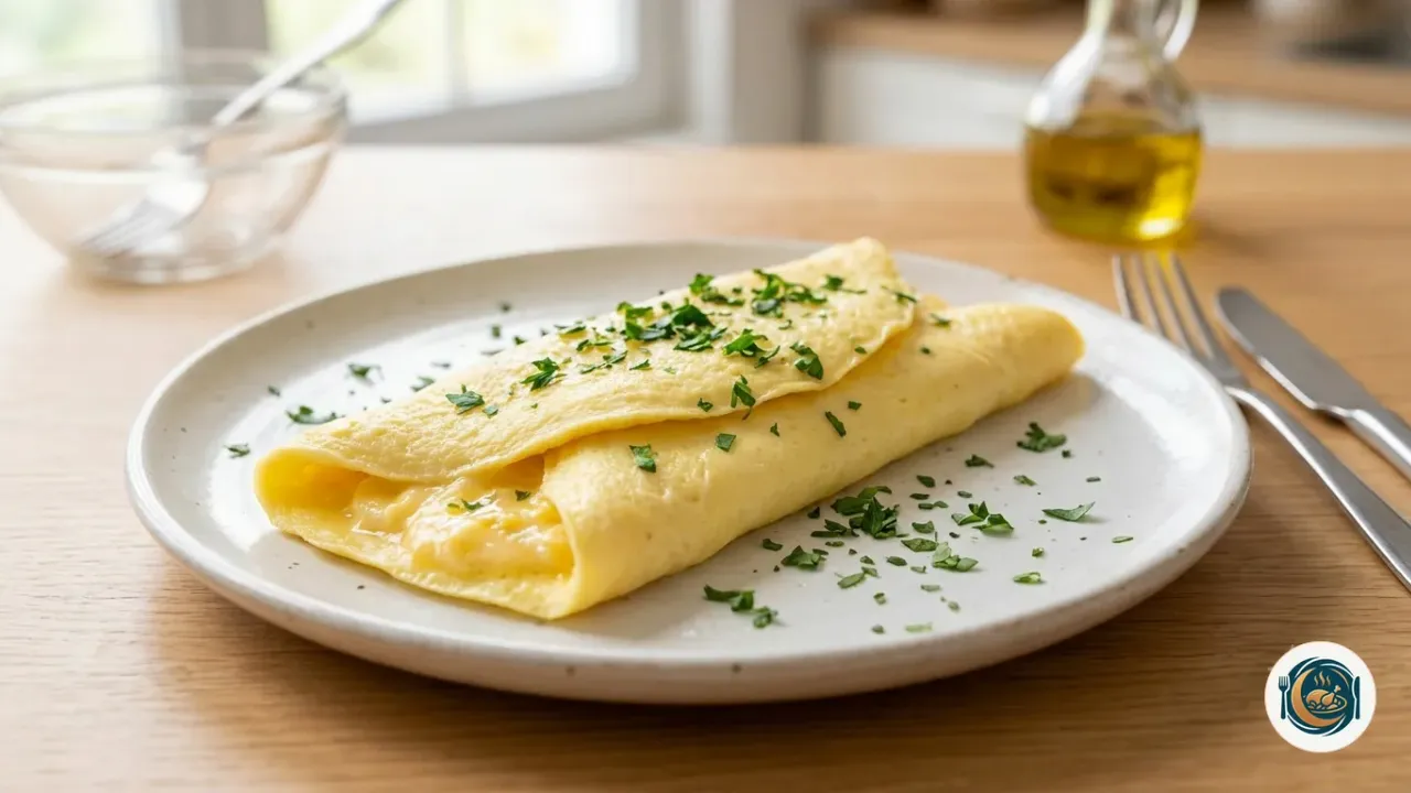 Tortilla francesa jugosa recién doblada en un plato blanco con perejil picado