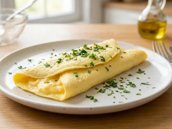 Tortilla francesa jugosa recién doblada en un plato blanco con perejil picado