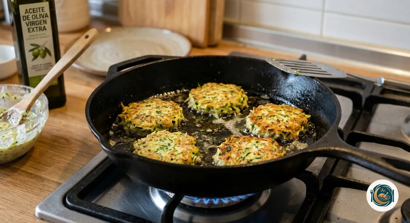 Tortitas de calabacín friéndose en la sartén con aceite de oliva