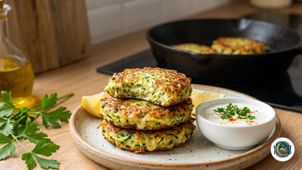 Tortitas de calabacín doradas apiladas en un plato con salsa de yogur