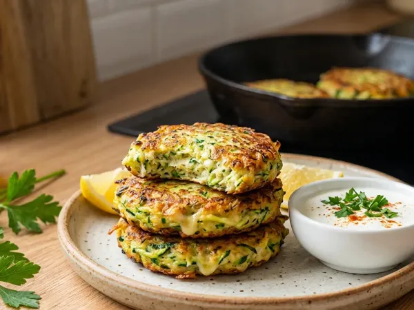 Tortitas de calabacín doradas apiladas en un plato con salsa de yogur