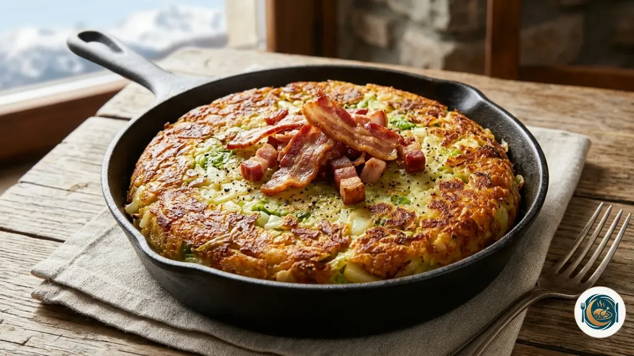 Torta de trinxat de la Cerdanya dorada en la sartén con panceta crujiente