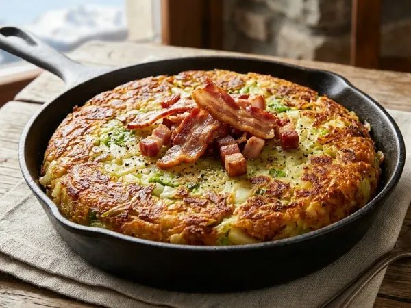 Torta de trinxat de la Cerdanya dorada en la sartén con panceta crujiente
