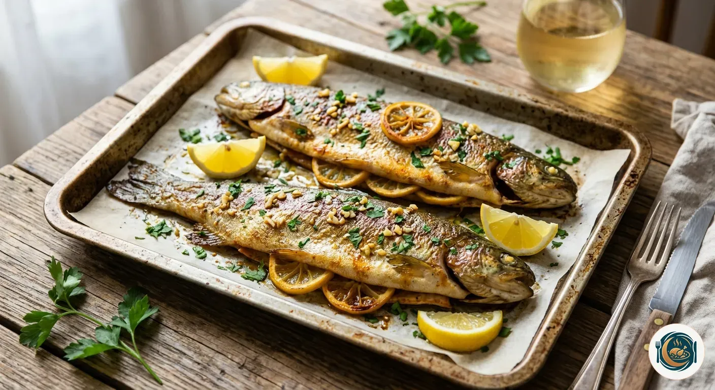 Trucha al horno dorada con limón, ajo y perejil en una bandeja