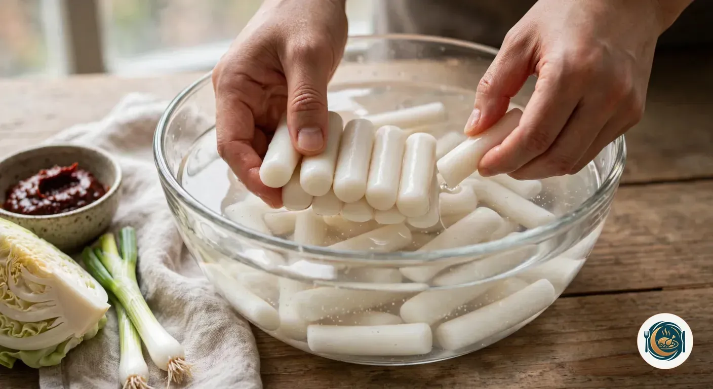 Manos separando pasteles de arroz coreanos en un cuenco con agua