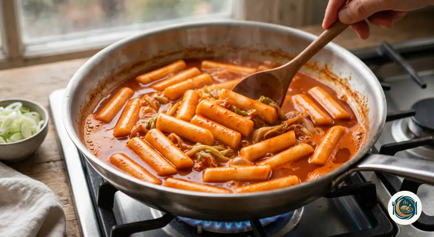 Tteokbokki cociendo en una sartén con salsa roja y repollo