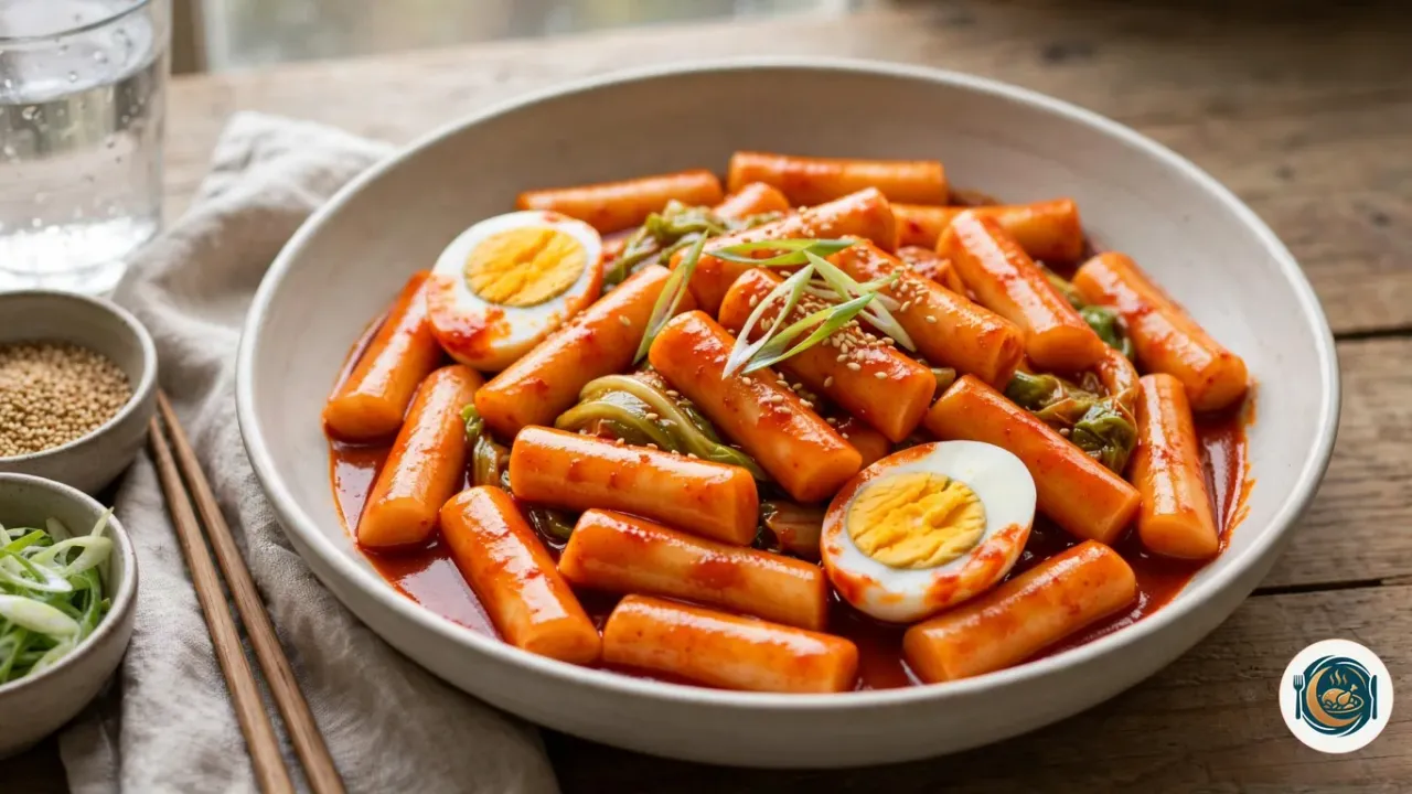 Cuenco de tteokbokki con huevo cocido, cebolleta y sésamo