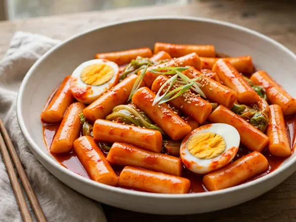Cuenco de tteokbokki con huevo cocido, cebolleta y sésamo