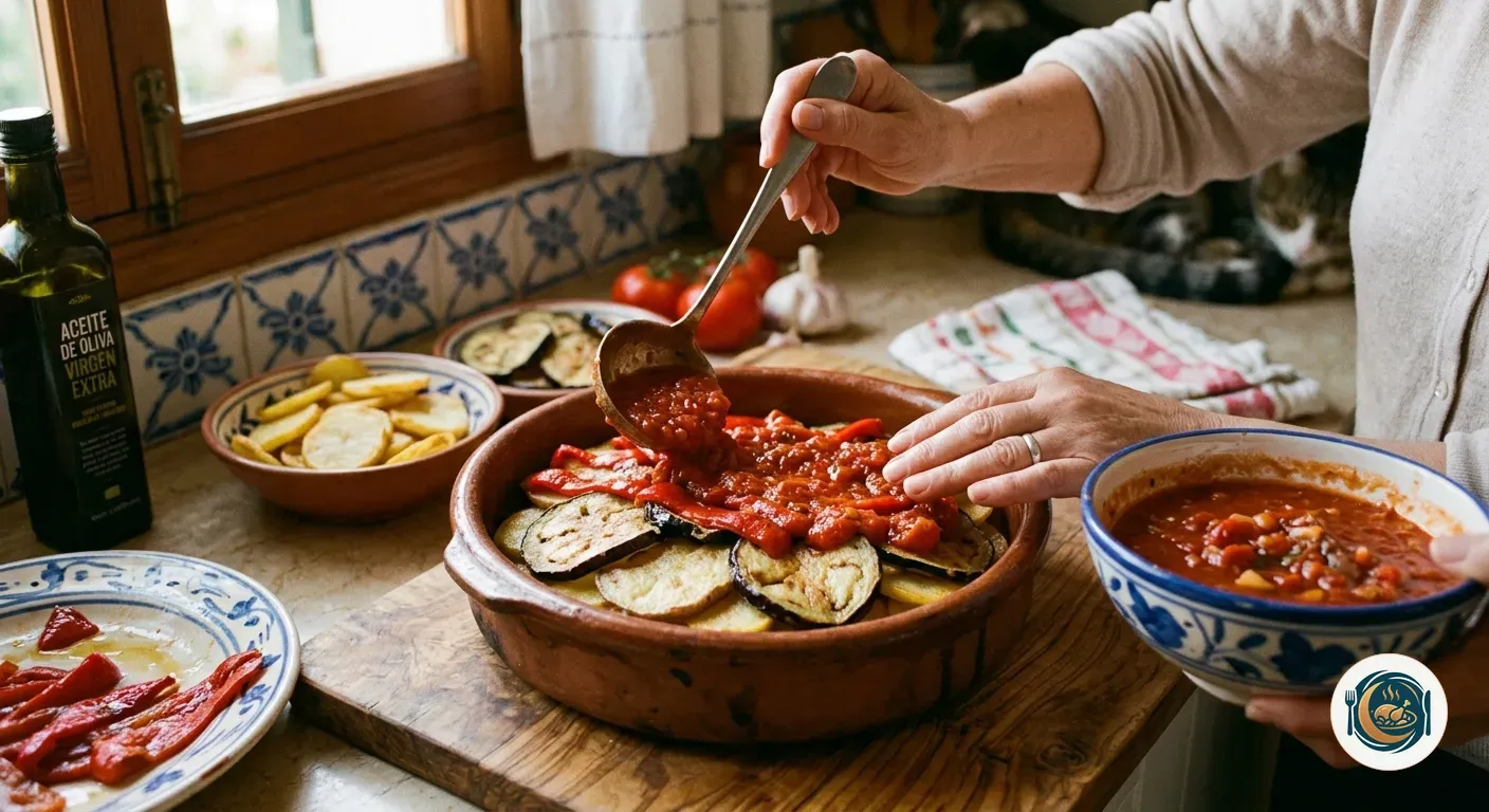 Capas de tumbet mallorquín montándose en cazuela de barro con salsa de tomate