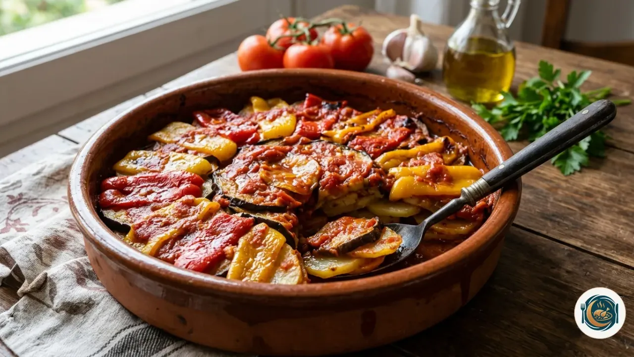 Tumbet mallorquín en cazuela de barro con capas de patata, berenjena y pimiento