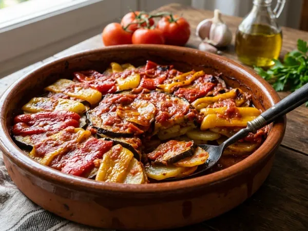 Tumbet mallorquín en cazuela de barro con capas de patata, berenjena y pimiento
