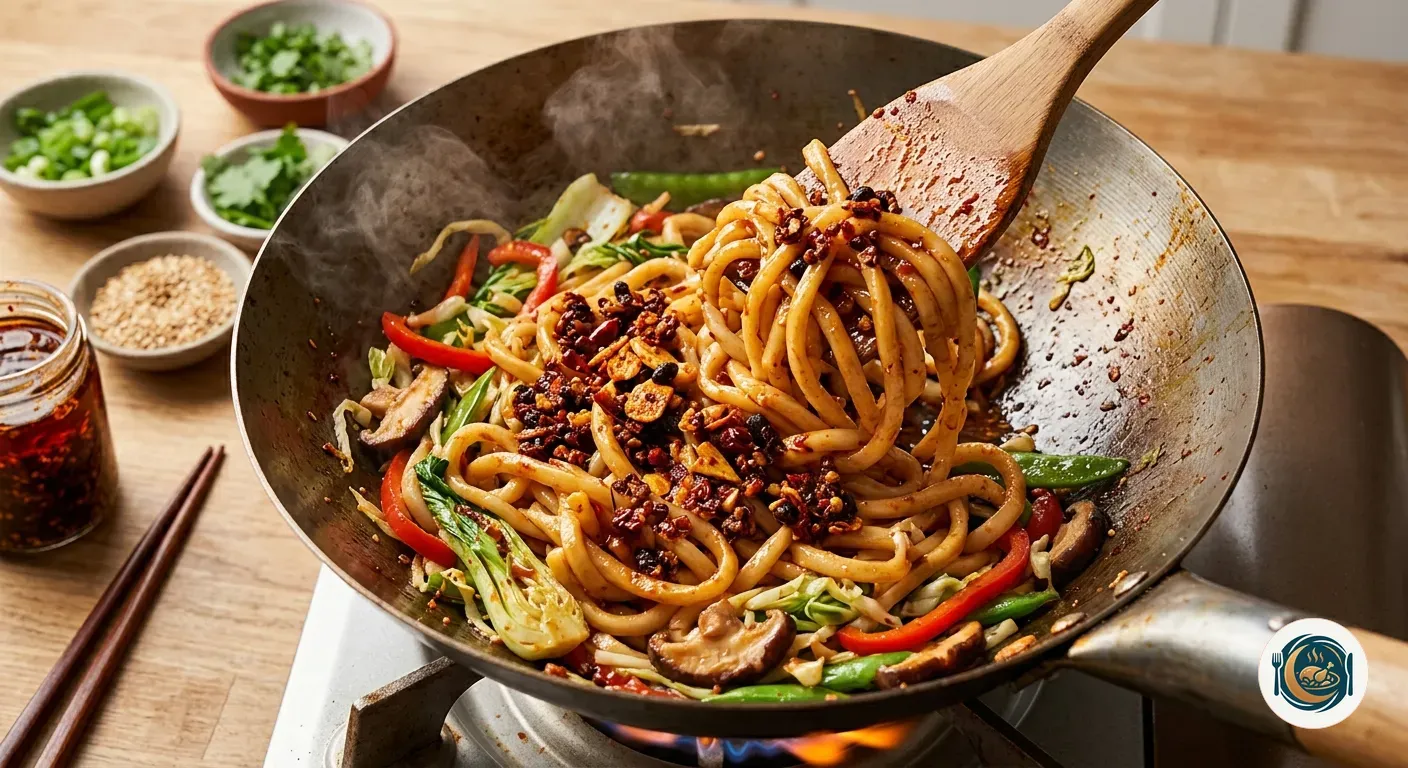 Fideos udon y repollo salteándose a fuego fuerte en la sartén