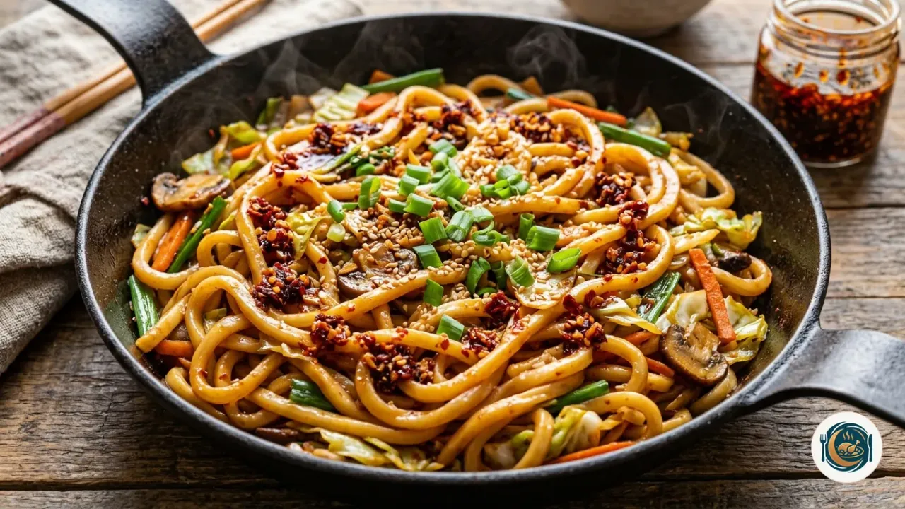 Udon salteado con chili crisp, repollo y cebolleta en una sartén de hierro
