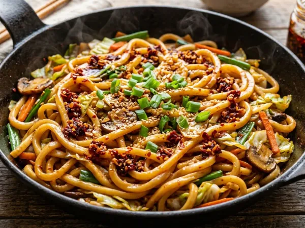 Udon salteado con chili crisp, repollo y cebolleta en una sartén de hierro
