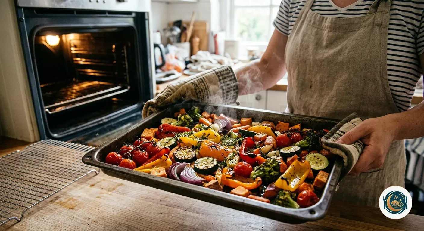 Bandeja de verduras al horno recién sacada del horno
