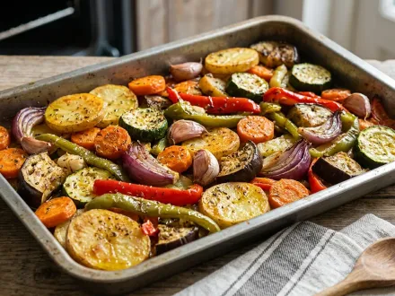 Bandeja de verduras al horno con calabacín, pimiento rojo, cebolla morada y patata