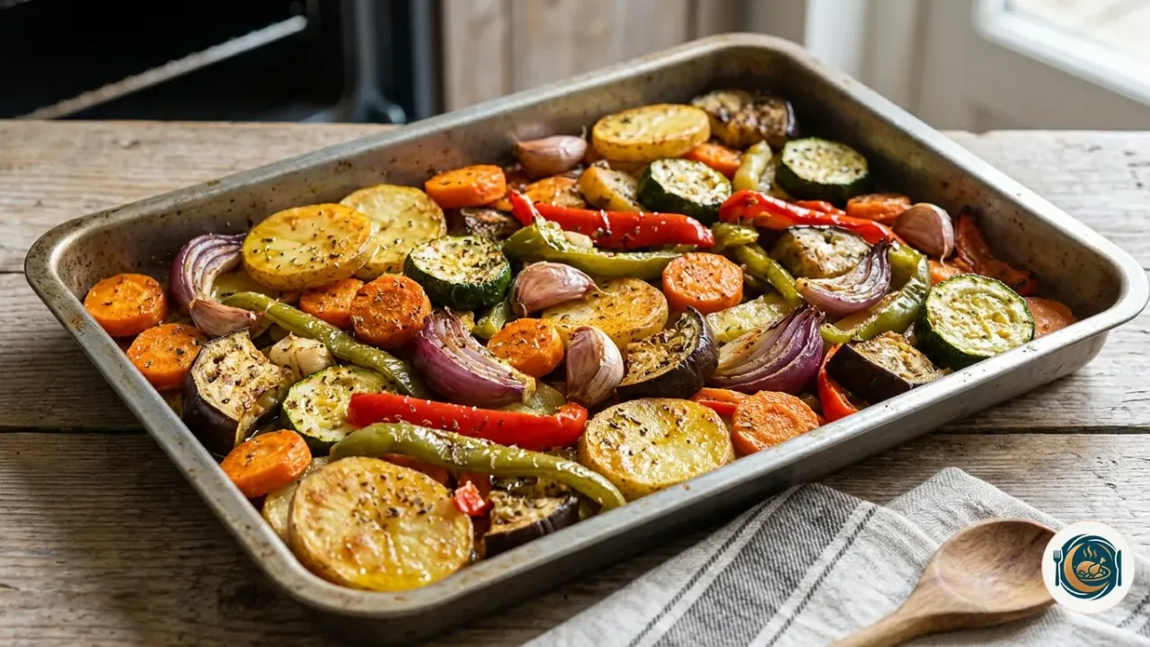 Bandeja de verduras al horno con calabacín, pimiento rojo, cebolla morada y patata