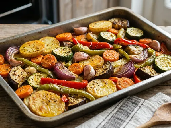 Bandeja de verduras al horno con calabacín, pimiento rojo, cebolla morada y patata