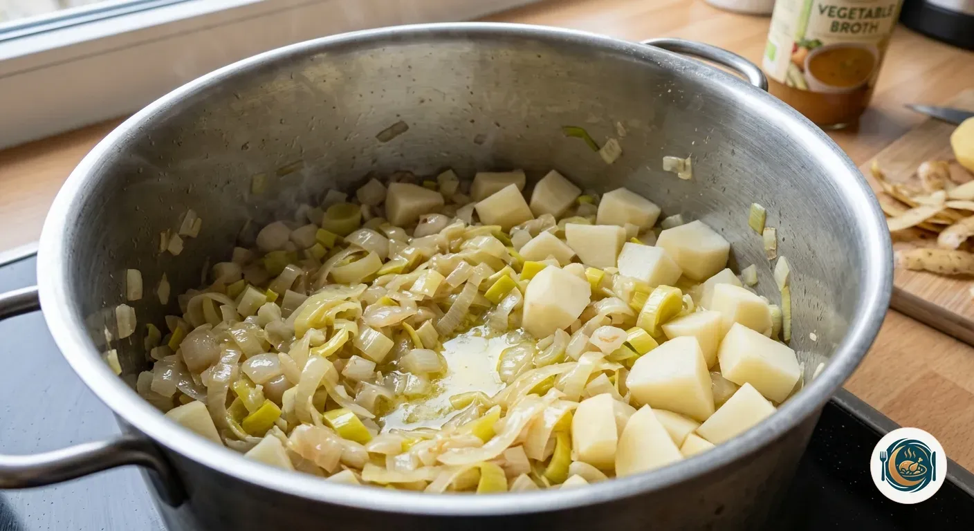 Olla con el puerro pochado y la patata antes de añadir el caldo para la vichyssoise