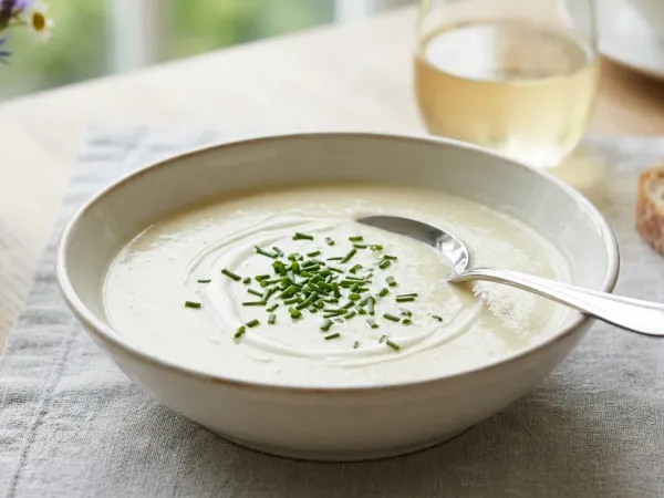 Cuenco de vichyssoise fría con cebollino picado y un hilo de nata