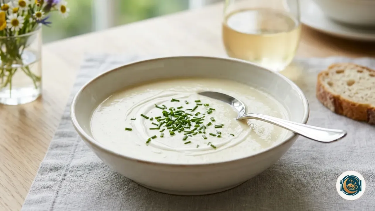 Cuenco de vichyssoise fría con cebollino picado y un hilo de nata