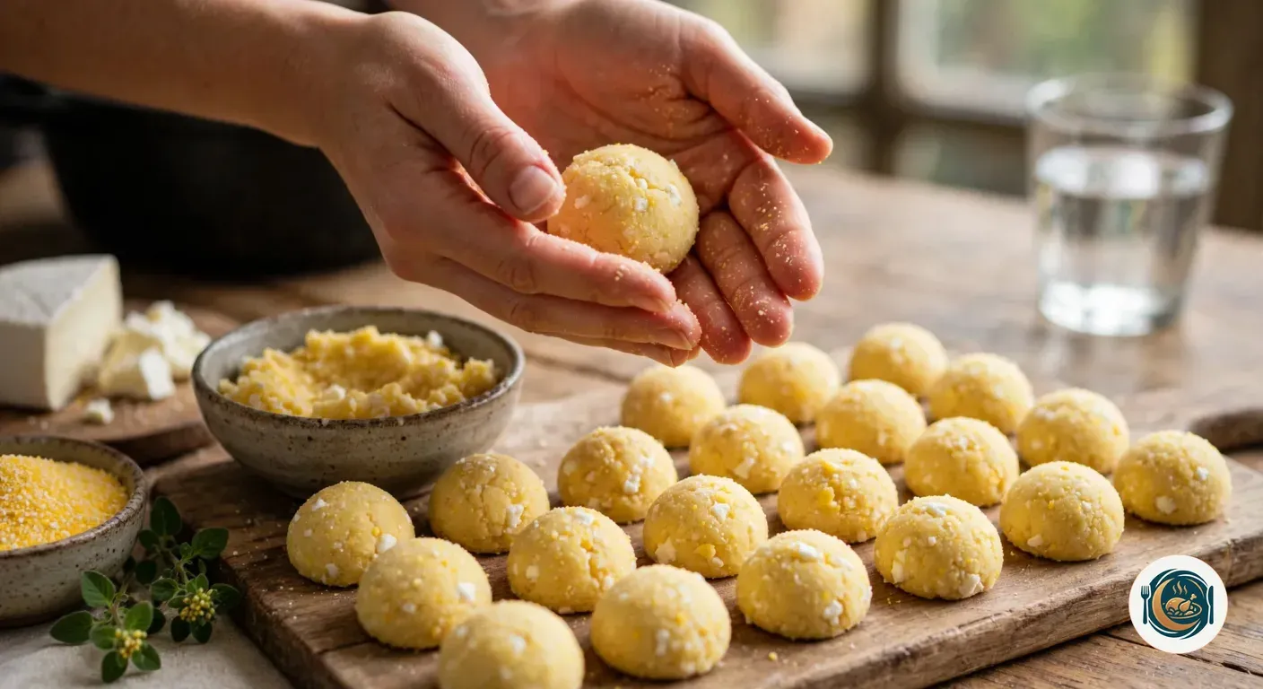 Manos formando bolitas de harina de maíz y queso