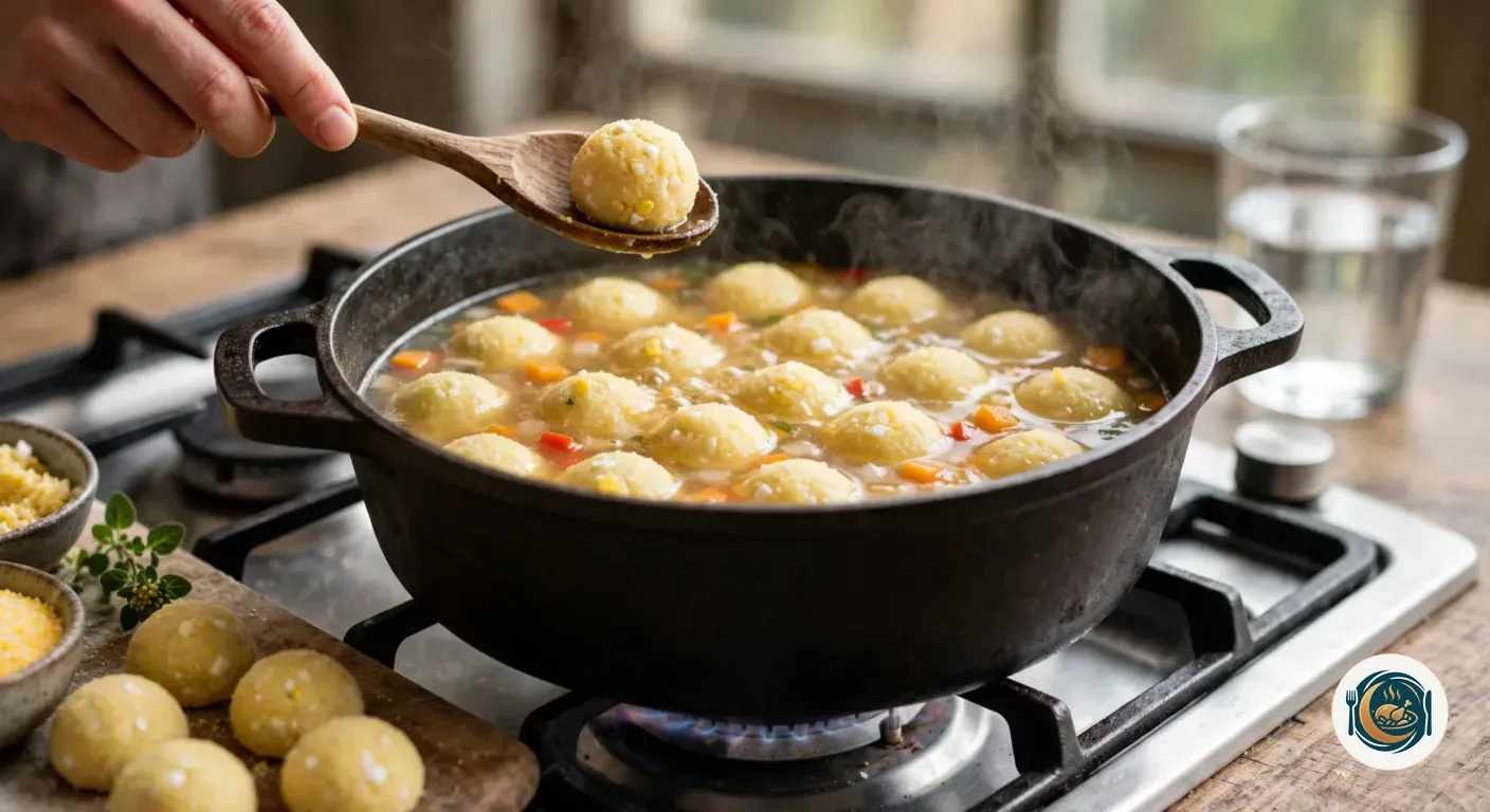 Bolitas de maíz cociéndose en el caldo de una olla