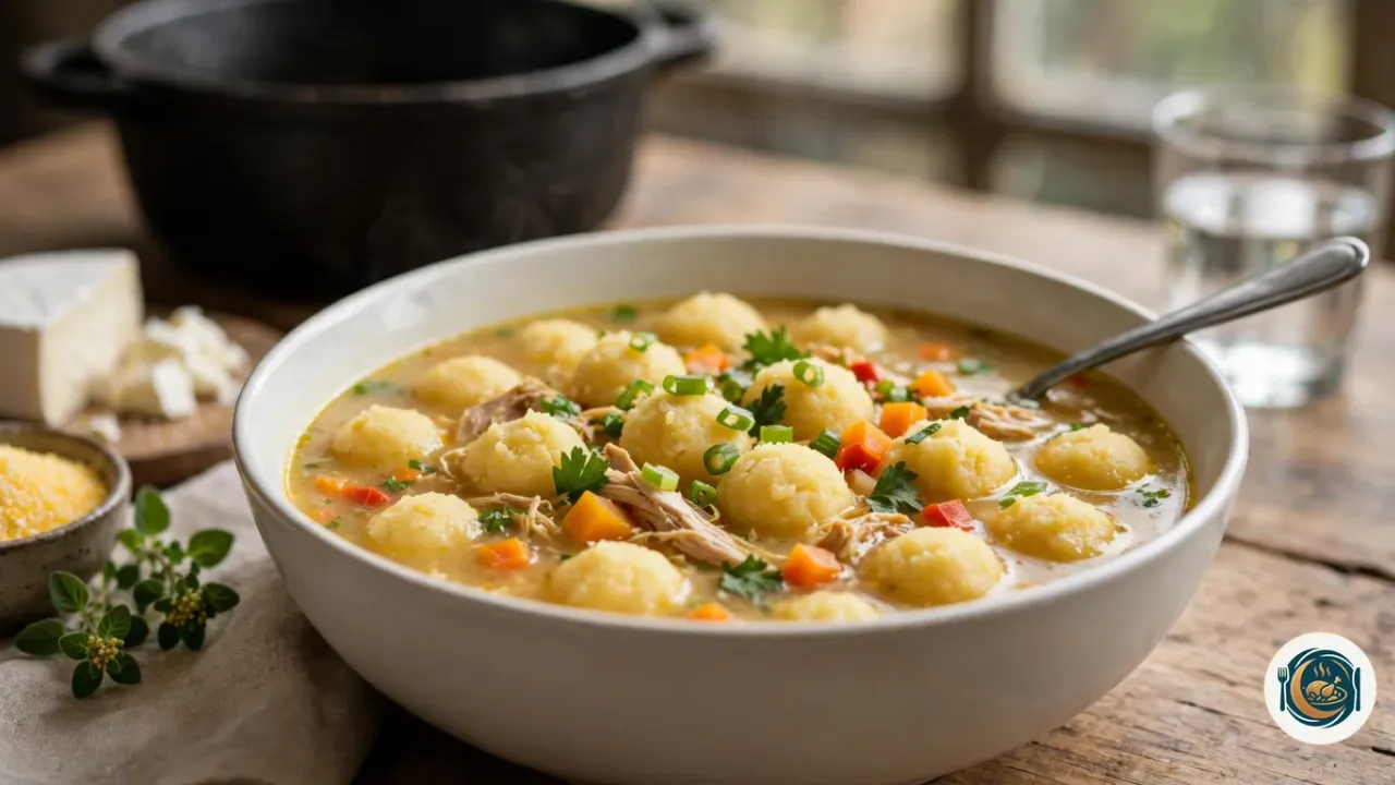Plato de vori vori con bolitas de maíz, pollo desmenuzado y verduras