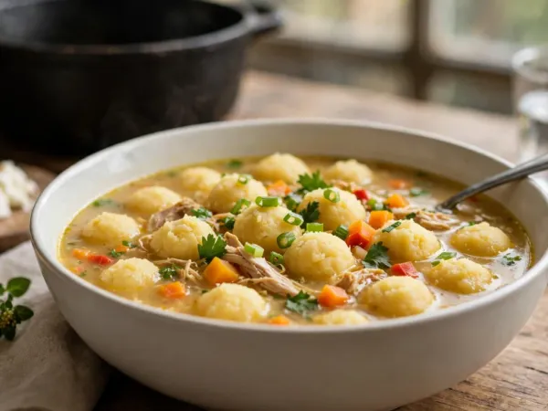 Plato de vori vori con bolitas de maíz, pollo desmenuzado y verduras