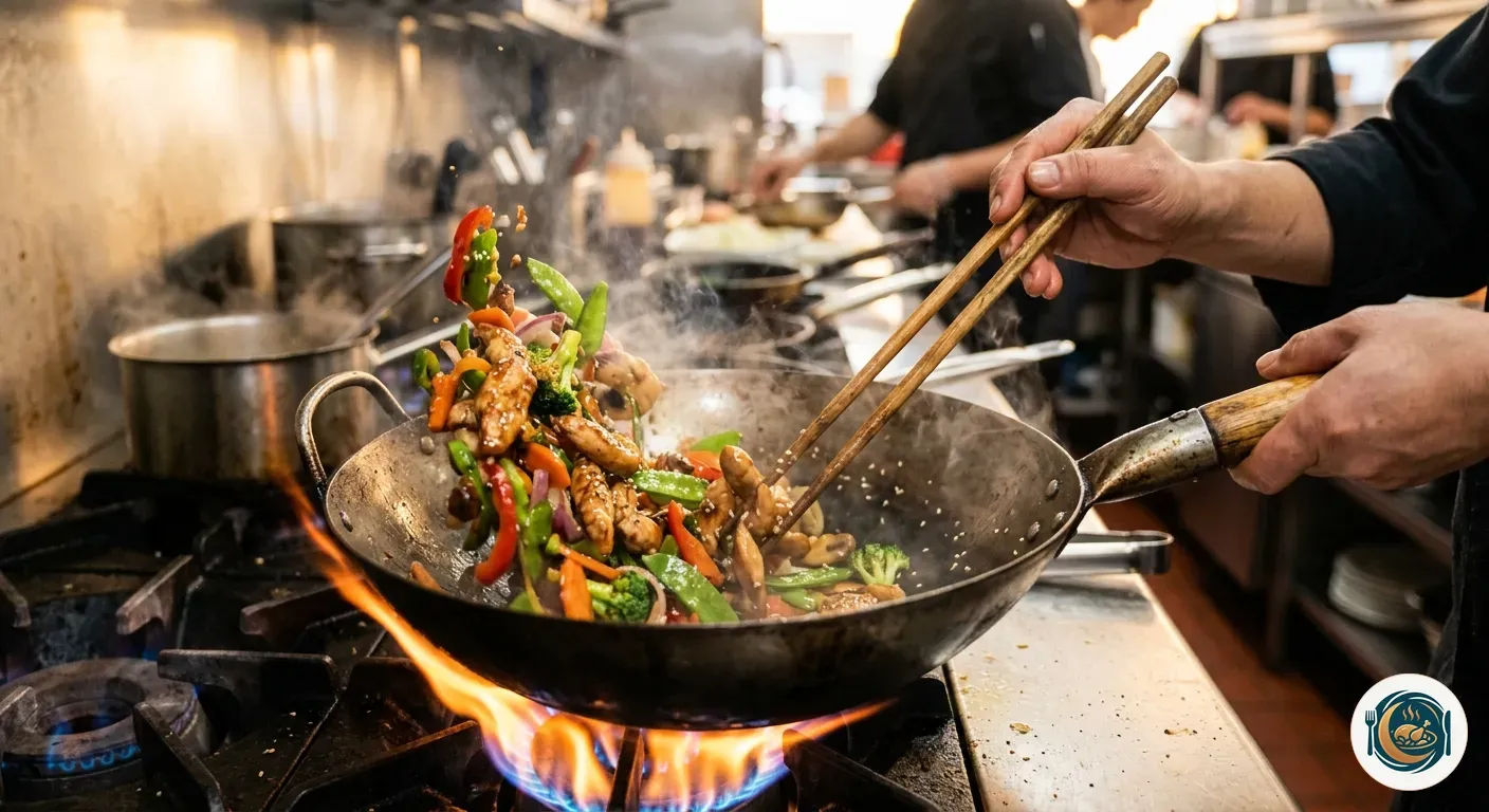 Wok de pollo y verduras salteándose a fuego fuerte con unos palillos de madera