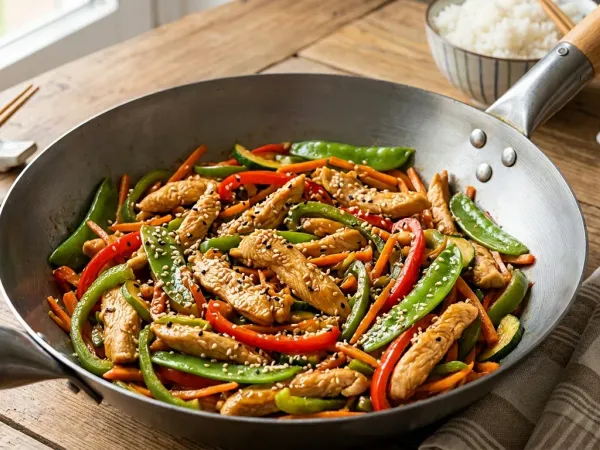 Wok de pollo y verduras con tiras de pollo dorado, pimiento, calabacín y semillas de sésamo por encima