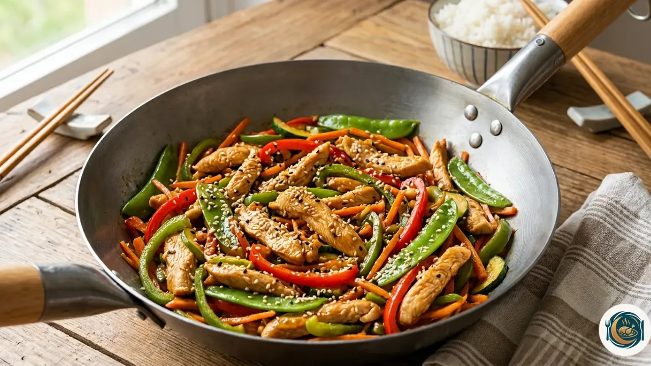 Wok de pollo y verduras con tiras de pollo dorado, pimiento, calabacín y semillas de sésamo por encima