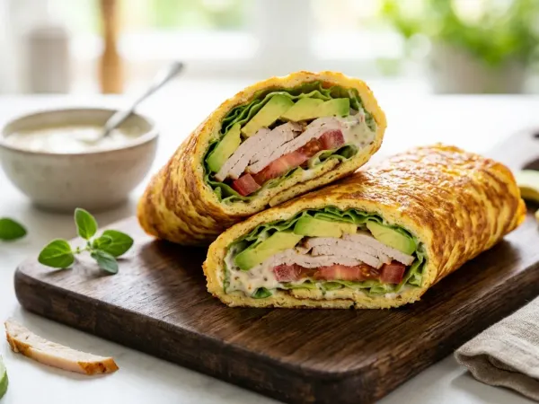 Wrap de queso cottage dorado cortado por la mitad con pavo, aguacate, lechuga y tomate a la vista