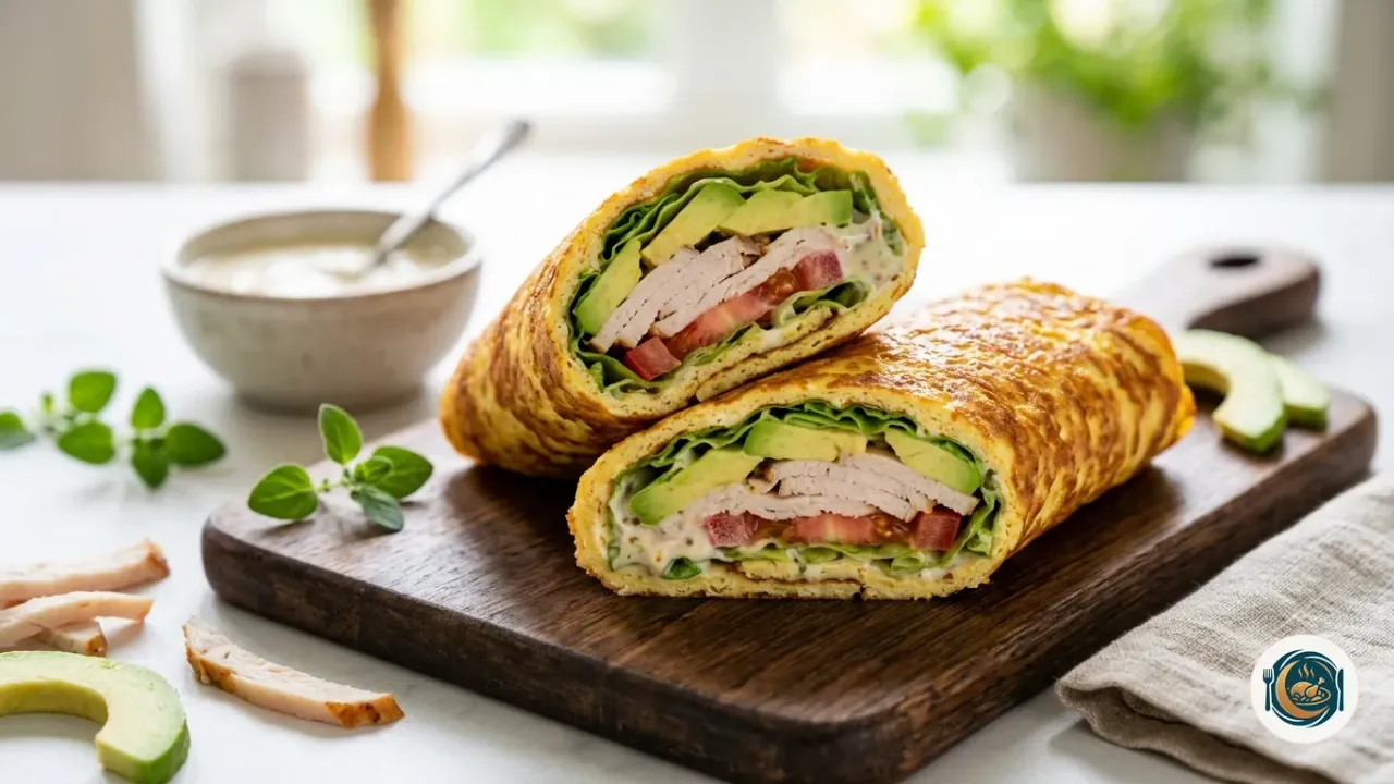 Wrap de queso cottage dorado cortado por la mitad con pavo, aguacate, lechuga y tomate a la vista